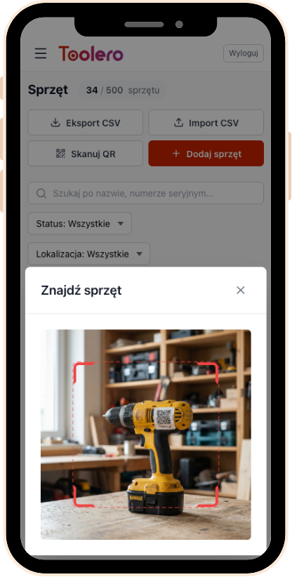 Toolero na telefonie - skanowanie kodu QR sprzętu aparatem